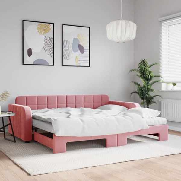 Dagbädd utdragbar med madrasser rosa 90x200 cm sammet