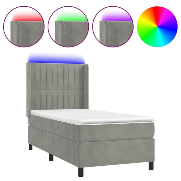Ramsäng med madrass & LED ljusgrå 90x190 cm sammet