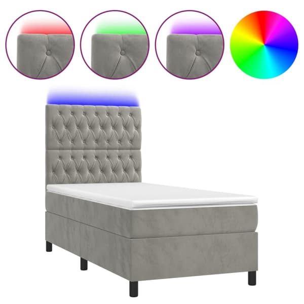 Ramsäng med madrass & LED ljusgrå 90x190 cm sammet