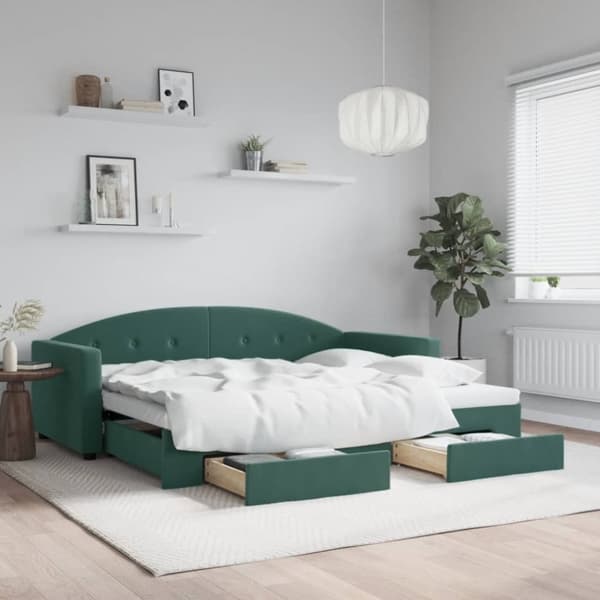 Dagbädd utdragbar med lådor mörkgrön 90x200 cm sammet