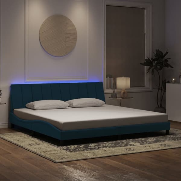 Sängram med LED-belysning blå 200x200 cm sammet