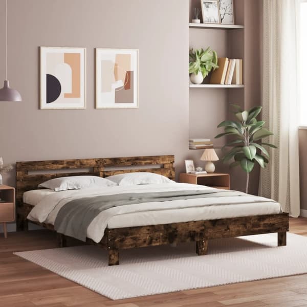 Sängram med huvudgavel rökfärgad ek 160x200 cm konstruerat trä