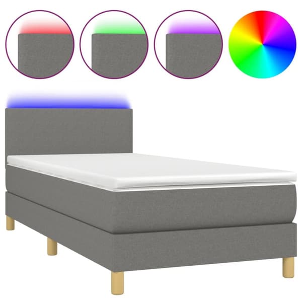 Ramsäng med madrass & LED mörkgrå 90x200 cm tyg