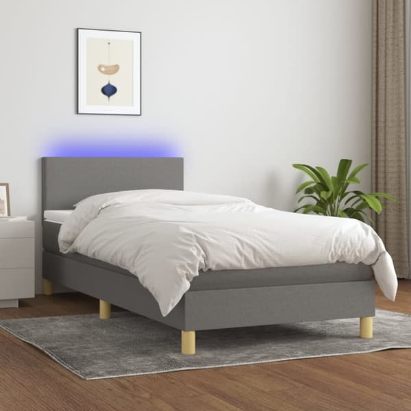 Ramsäng med madrass & LED mörkgrå 90x200 cm tyg