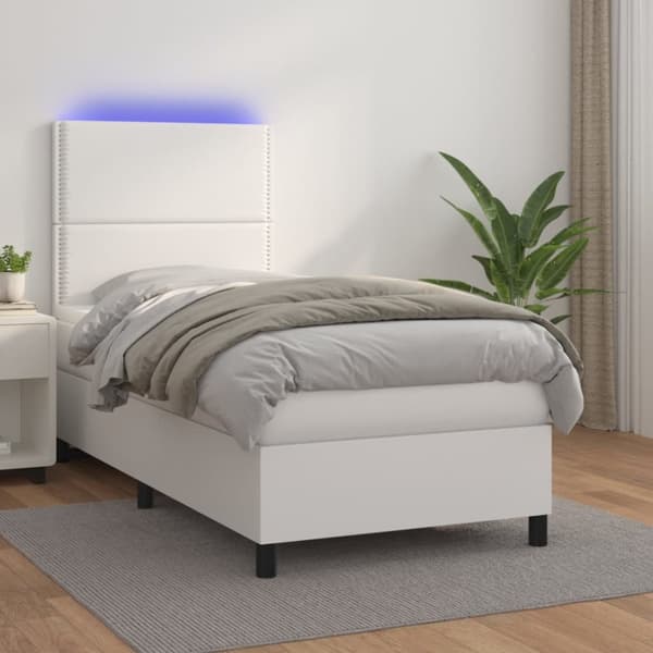 Ramsäng med madrass & LED vit 100x200 cm konstläder