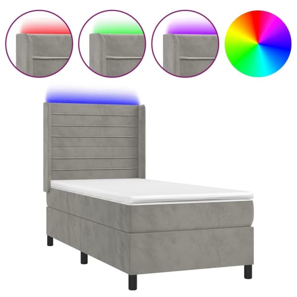 Ramsäng med madrass & LED ljusgrå 90x200 cm sammet