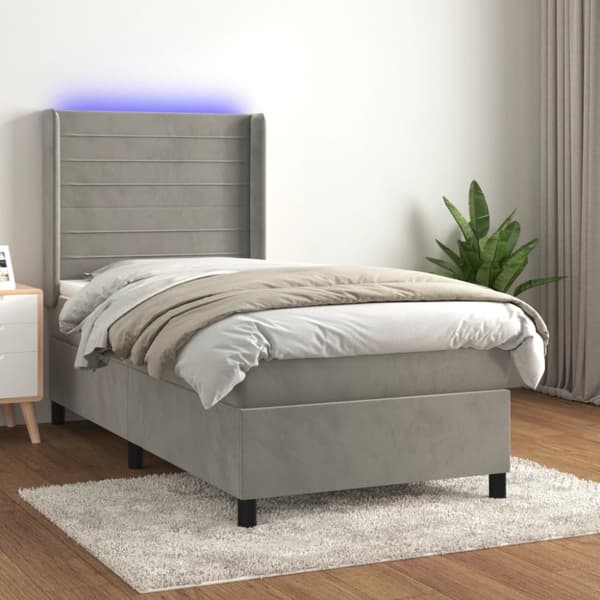 Ramsäng med madrass & LED ljusgrå 90x200 cm sammet