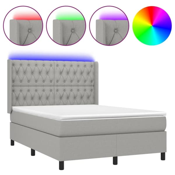 Ramsäng med madrass & LED ljusgrå 140x190 cm tyg