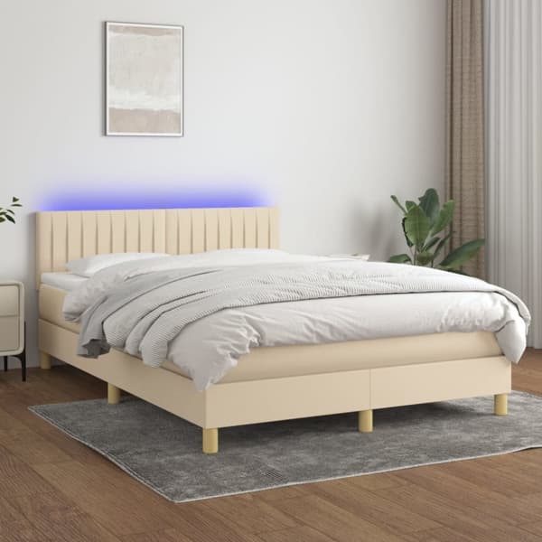 Ramsäng med madrass & LED gräddvit 140x190 cm tyg
