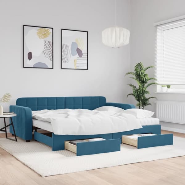 Dagbädd utdragbar med lådor blå 90x200 cm sammet