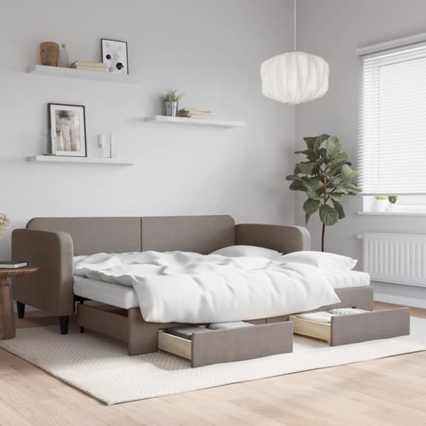 Dagbädd utdragbar med lådor taupe 90x200 cm tyg