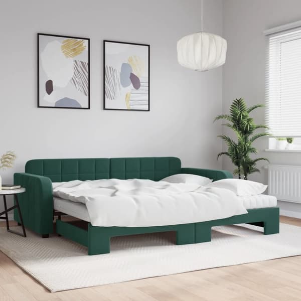 Dagbädd utdragbar med madrasser mörkgrön 90x200 cm sammet