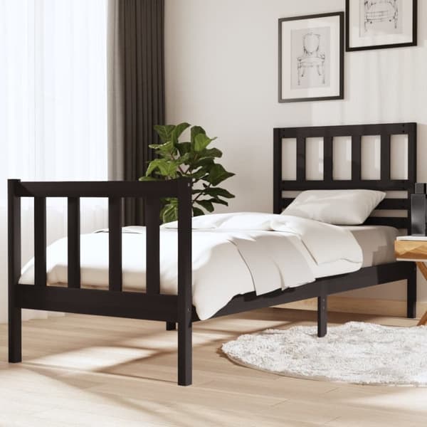 Sängram massiv furu 75x190 cm svart