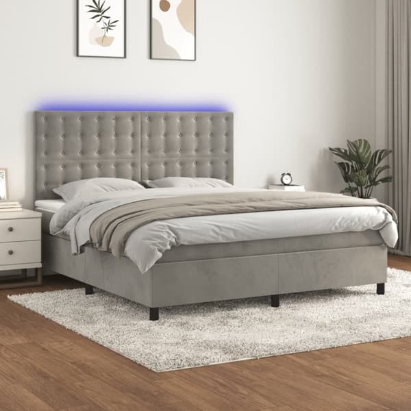 Ramsäng med madrass & LED ljusgrå 160x200 cm sammet