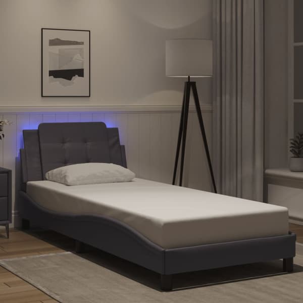 Sängram med LED-belysning grå 100x200 cm konstläder