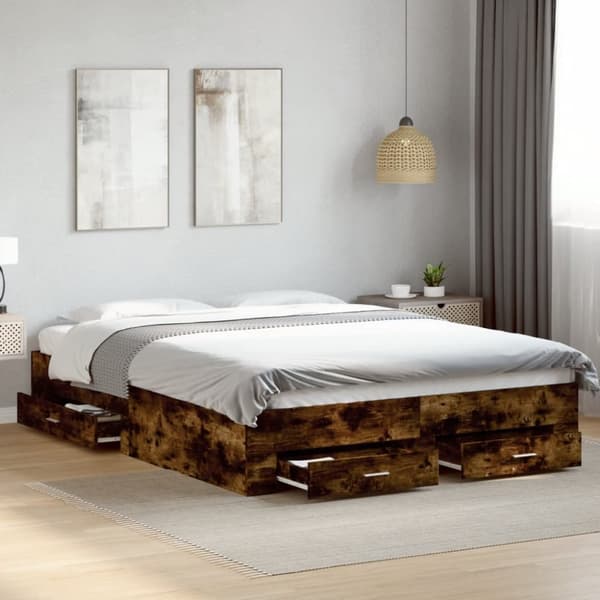 Sängram med lådor rökfärgad ek 150x200 cm konstruerad trä