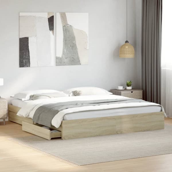Sängram med lådor sonoma-ek 200x200 cm konstruerat trä