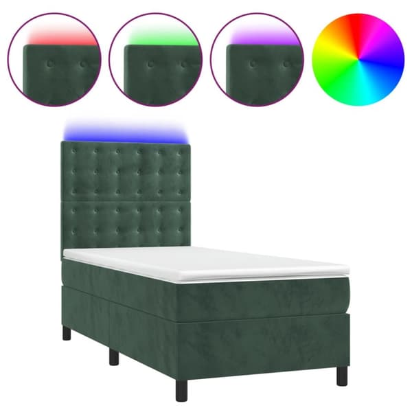 Ramsäng med madrass & LED mörkgrön 90x200 cm sammet