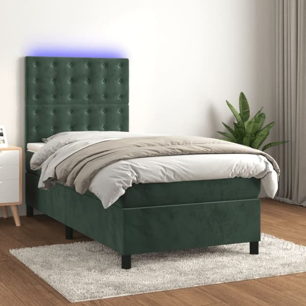 Ramsäng med madrass & LED mörkgrön 90x200 cm sammet