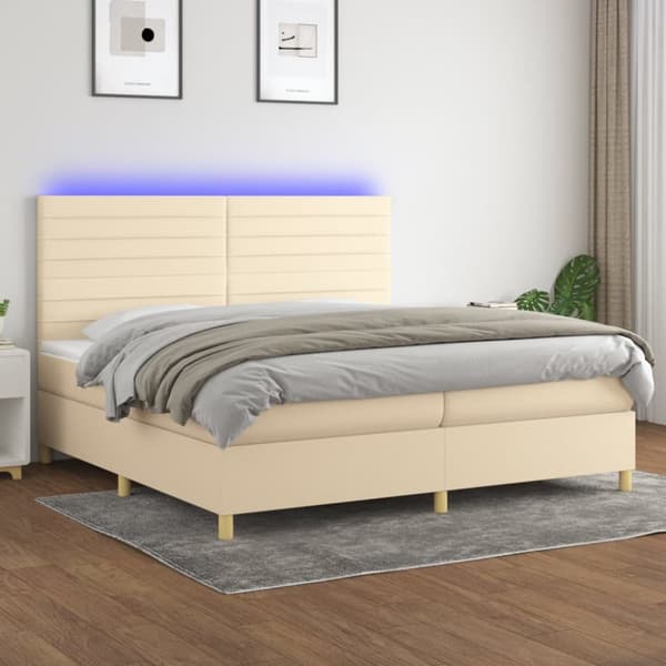 Ramsäng med madrass & LED gräddvit 200x200 cm tyg