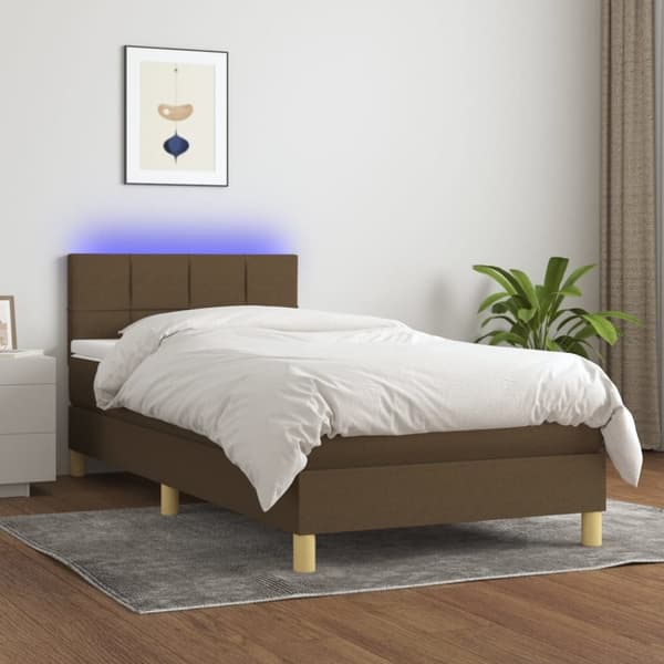 Ramsäng med madrass & LED mörkbrun 100x200 cm tyg