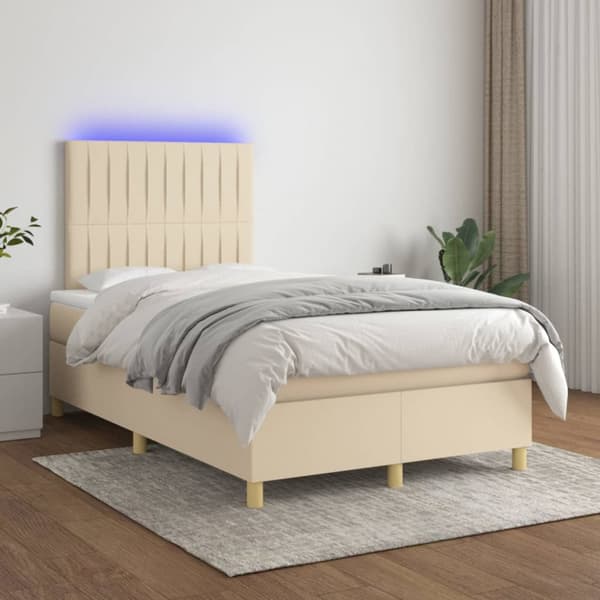 Ramsäng med madrass & LED gräddvit 120x200 cm tyg
