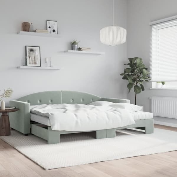 Dagbädd utdragbar med madrasser ljusgrå 90x200 cm sammet