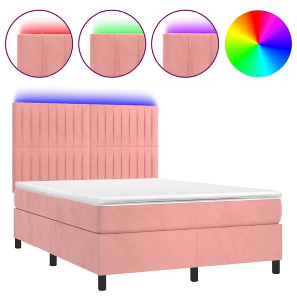 Ramsäng med madrass rosa & LED 140x200 cm sammet