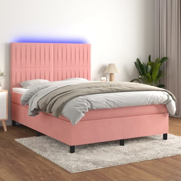 Ramsäng med madrass rosa & LED 140x200 cm sammet