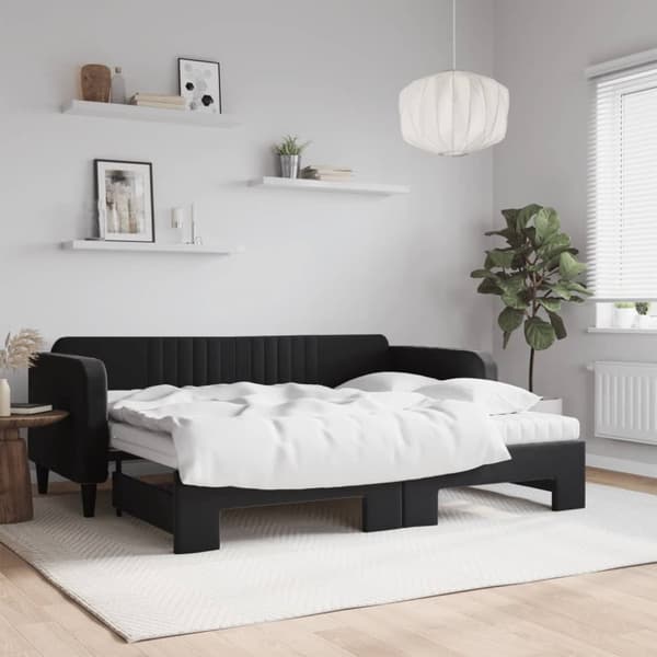 Dagbädd utdragbar med madrasser svart 90x200 cm sammet