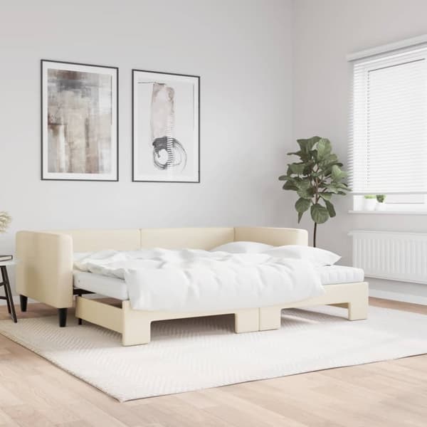 Dagbädd utdragbar med madrasser gräddvit 90x200 cm tyg