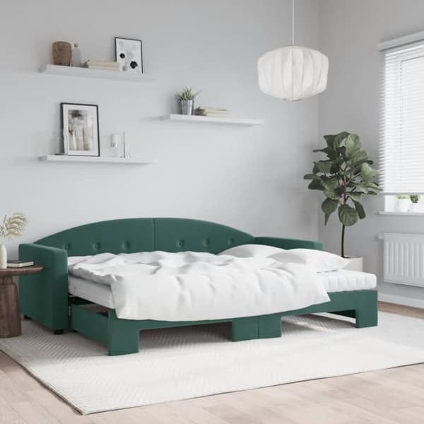 Dagbädd utdragbar med madrasser mörkgrön 80x200 cm sammet
