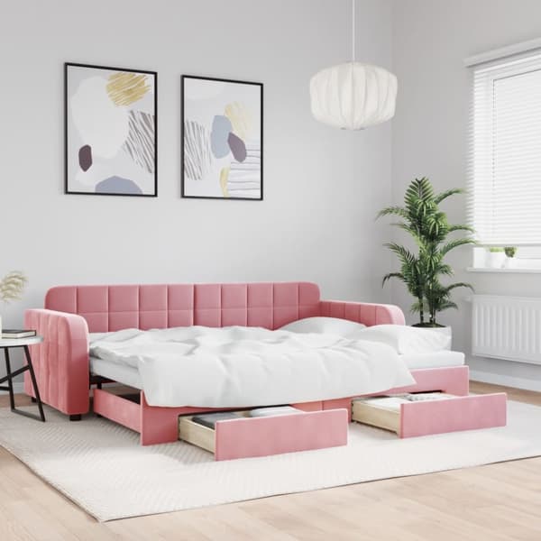 Dagbädd utdragbar med lådor rosa 80x200 cm sammet