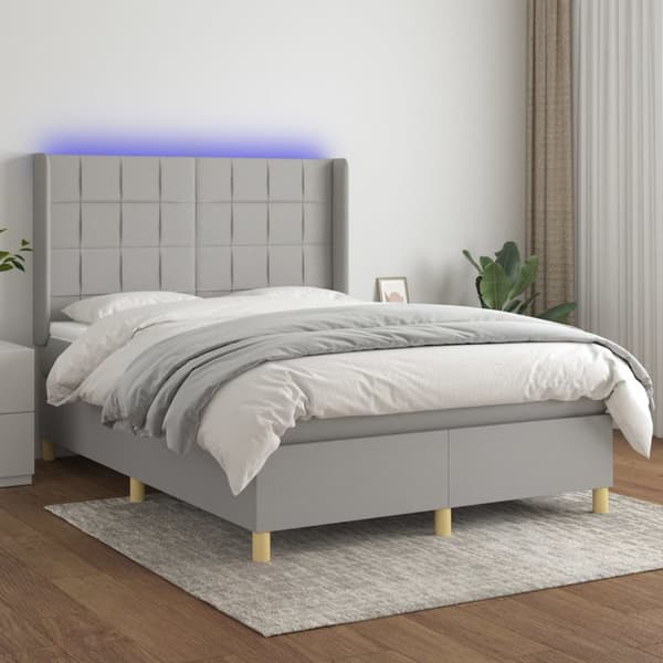 Ramsäng med madrass & LED ljusgrå 140x200 cm tyg