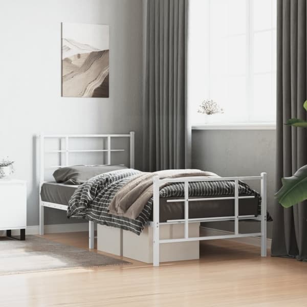 Sängram med huvudgavel och fotgavel vit metall 90x190 cm