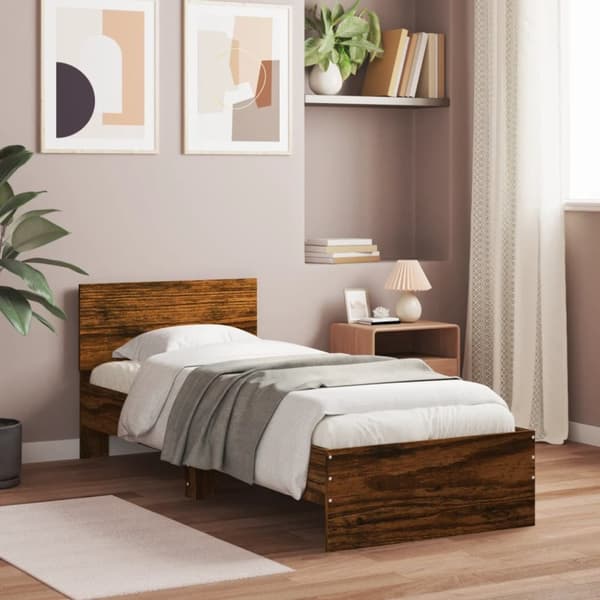 Sängram med huvudgavel rökfärgad ek 90x200 cm konstruerat trä