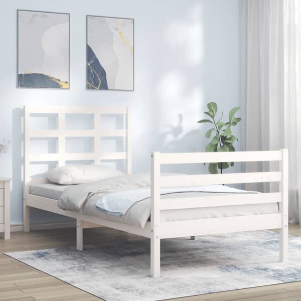 Sängram med huvudgavel vit 90x200 cm massivt trä