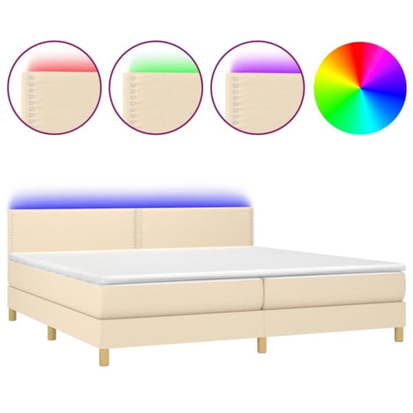Ramsäng med madrass & LED gräddvit 200x200 cm tyg