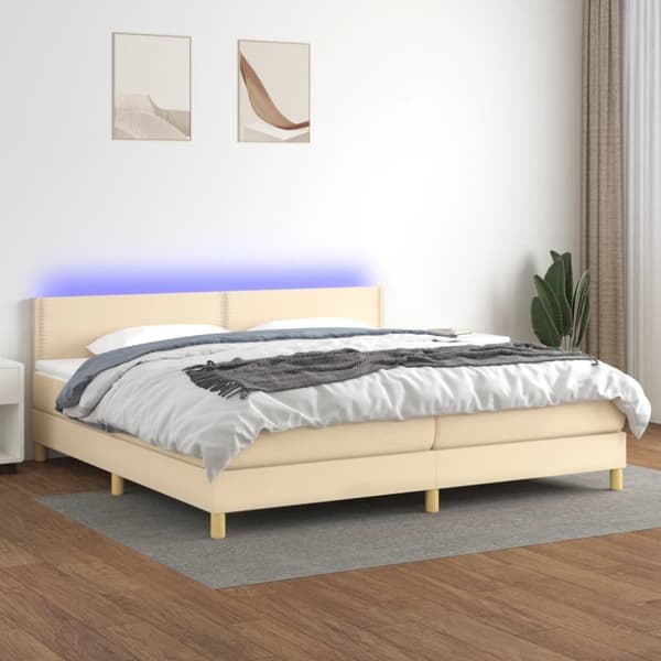 Ramsäng med madrass & LED gräddvit 200x200 cm tyg