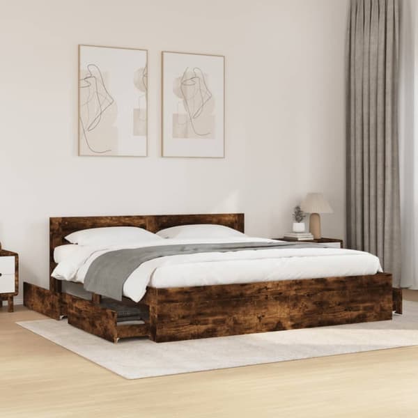 Sängram med huvudgavel rökfärgad ek 200x200 cm konstruerat trä