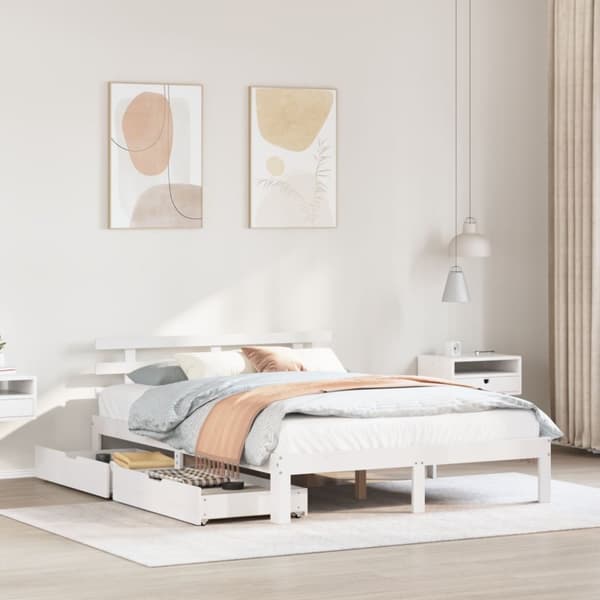 Sängram med lådor vit 150x200 cm massiv furu