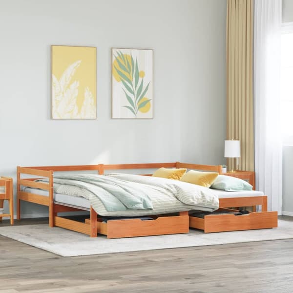 Utdragbar dagbädd med lådor vaxad brun 90x190 cm massiv furu