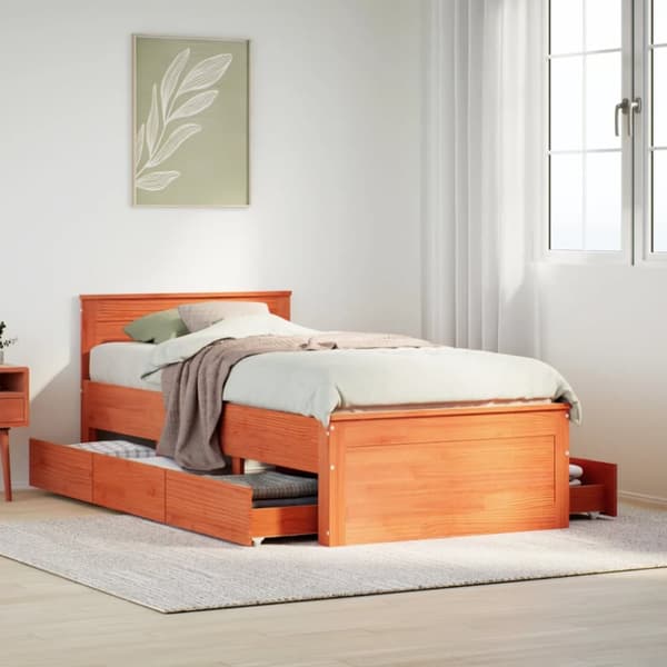 Sängram utan madrass med huvudgavel brun 90x190 cm massiv furu