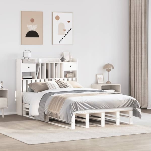Säng med bokhylla utan madrass vit 135x190cm massiv furu