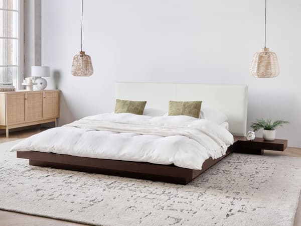 Japan LED Sengeramme Mørkt Tre 160 x 200 cm Trefiner MDF Kunstlær Sengegavl med Lav Profil Soverom