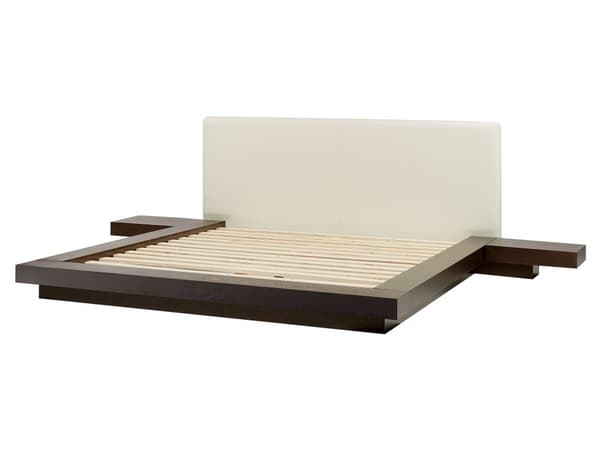 Japan LED Sengeramme Mørkt Tre 160 x 200 cm Trefiner MDF Kunstlær Sengegavl med Lav Profil Soverom