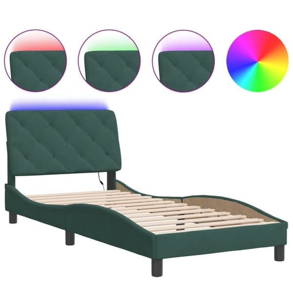 Sängram med LED-belysning mörkgrön 90x190 cm sammet