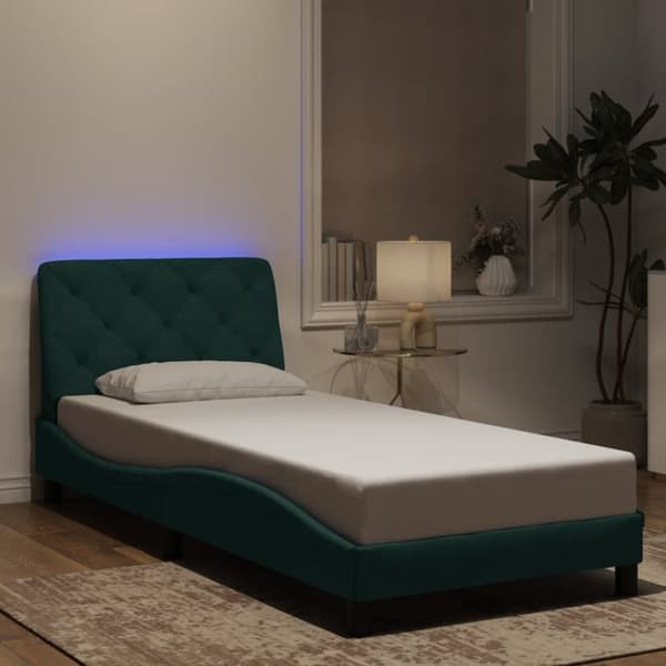 Sängram med LED-belysning mörkgrön 90x190 cm sammet