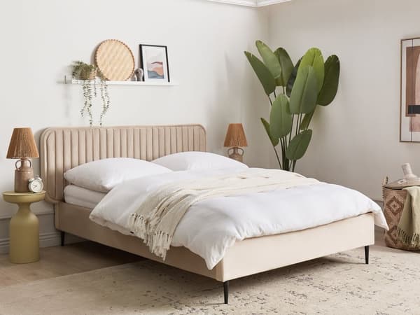 Seng Taupe Velour 140 x 200 cm Moderne Trekvart Seng Høj Sengegavl Halvandenmandsseng Minimalistisk Design Velourseng