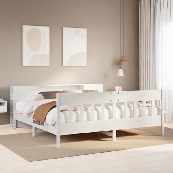 Säng med bokhylla utan madrass vit 180x200cm massiv furu